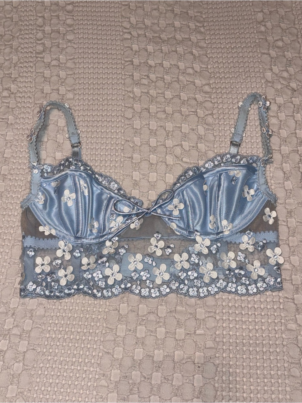 For Love And Lemons Powder Blue Satin & Floral Lace Bralette